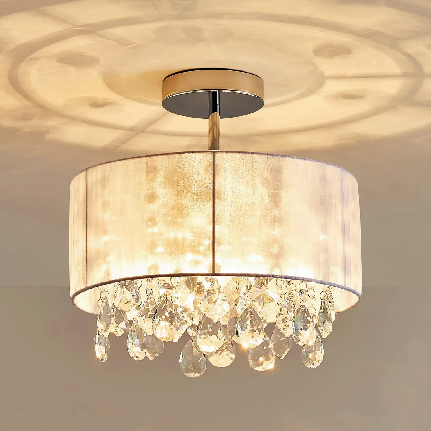 SHRINE Lighting Lustre en cristal blanc, design moderne, plafonnier pour espace de vie, D33 x H35 cm, douille E27*1, abat-jour en tissu blanc & finition chromée
