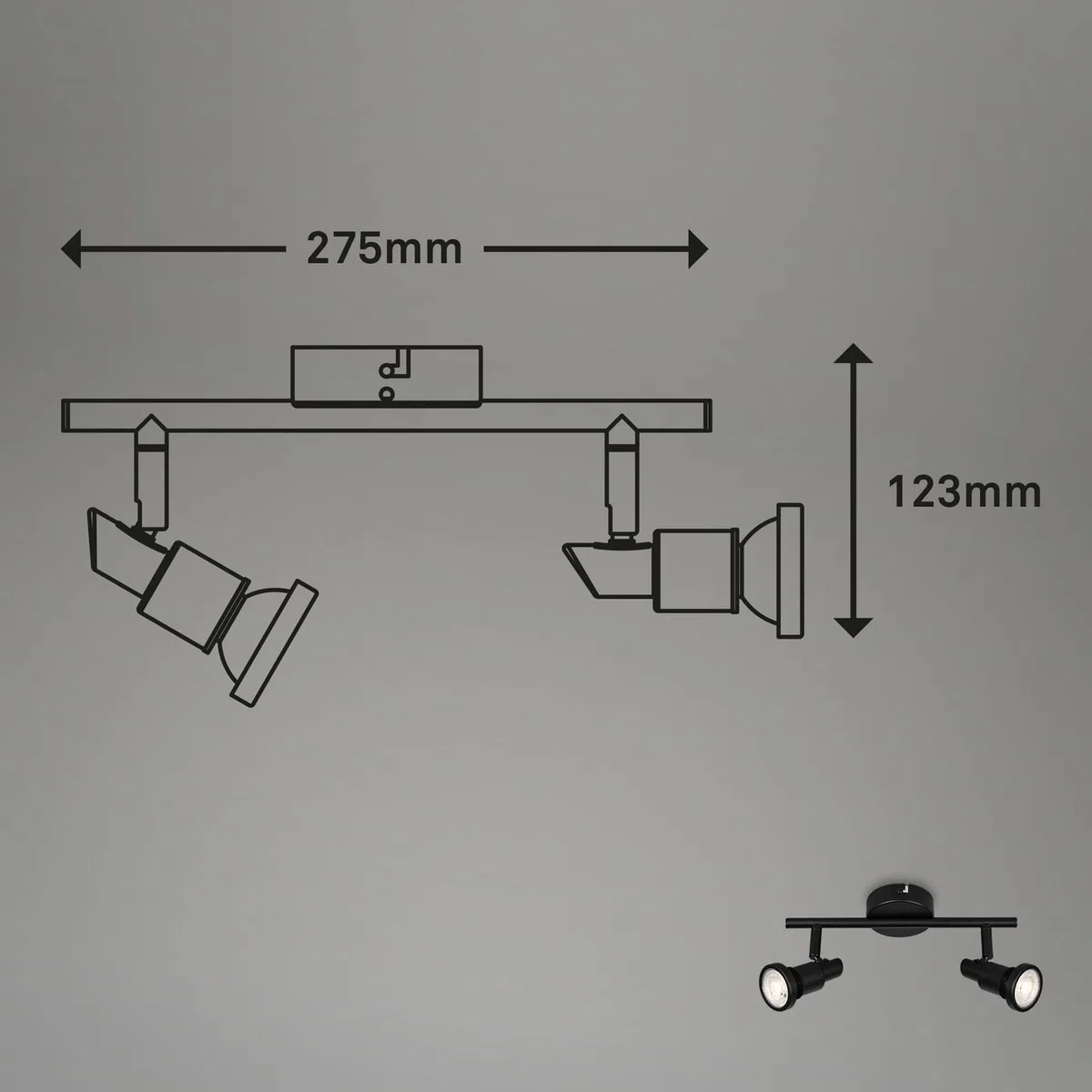 BRILONER - Plafonnier LED salle de bain, ajustable, plafonnier LED salle de bain, IP44, couleur de lumière blanc chaud, GU10, noir, 275x80x123 (LxlxH)