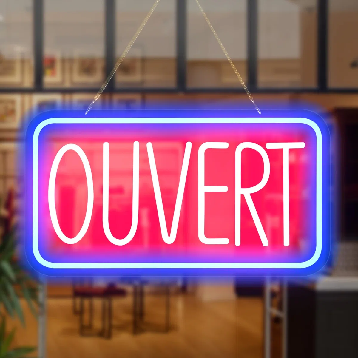 OUVERT Panneau néon LED à suspendre 42 x 22 cm USB avec interrupteur à intensité variable