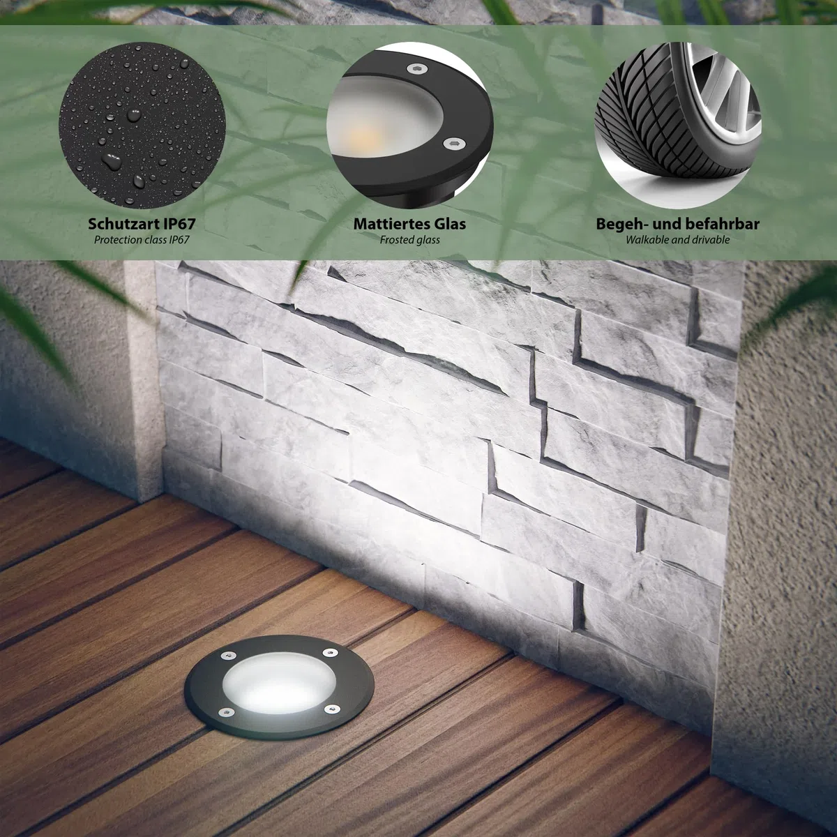 Luminaire encastré de sol BOLI ledscom.de IP67 noir rond 108mm GU10 15W givré