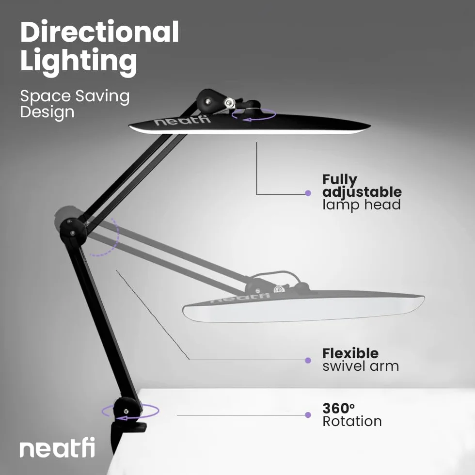 Neatfi XL Lampe de Bureau LED 24W 2200 Lumens Sans Ombre Variateur 4 Niveaux Tête Large 51 cm Noir
