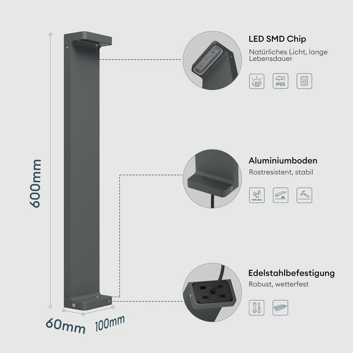 Mai & Mai Lampe sur Pied Extérieur LED IP65 Gris Foncé 100x60x600mm LumaTorch