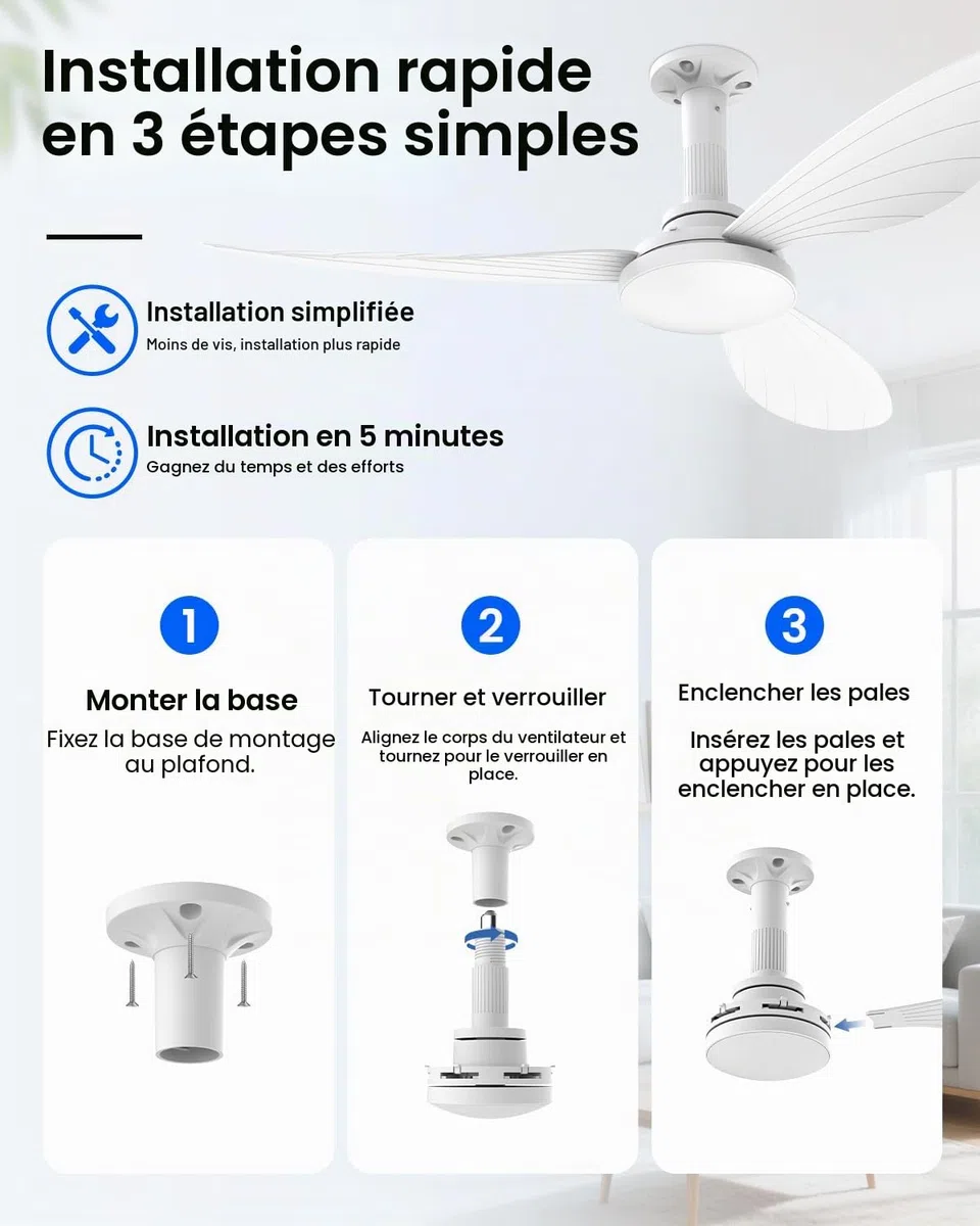 Hisummer Ventilateur Plafond avec Lumiere 106cm E27 Silencieux Réversible Télécommande