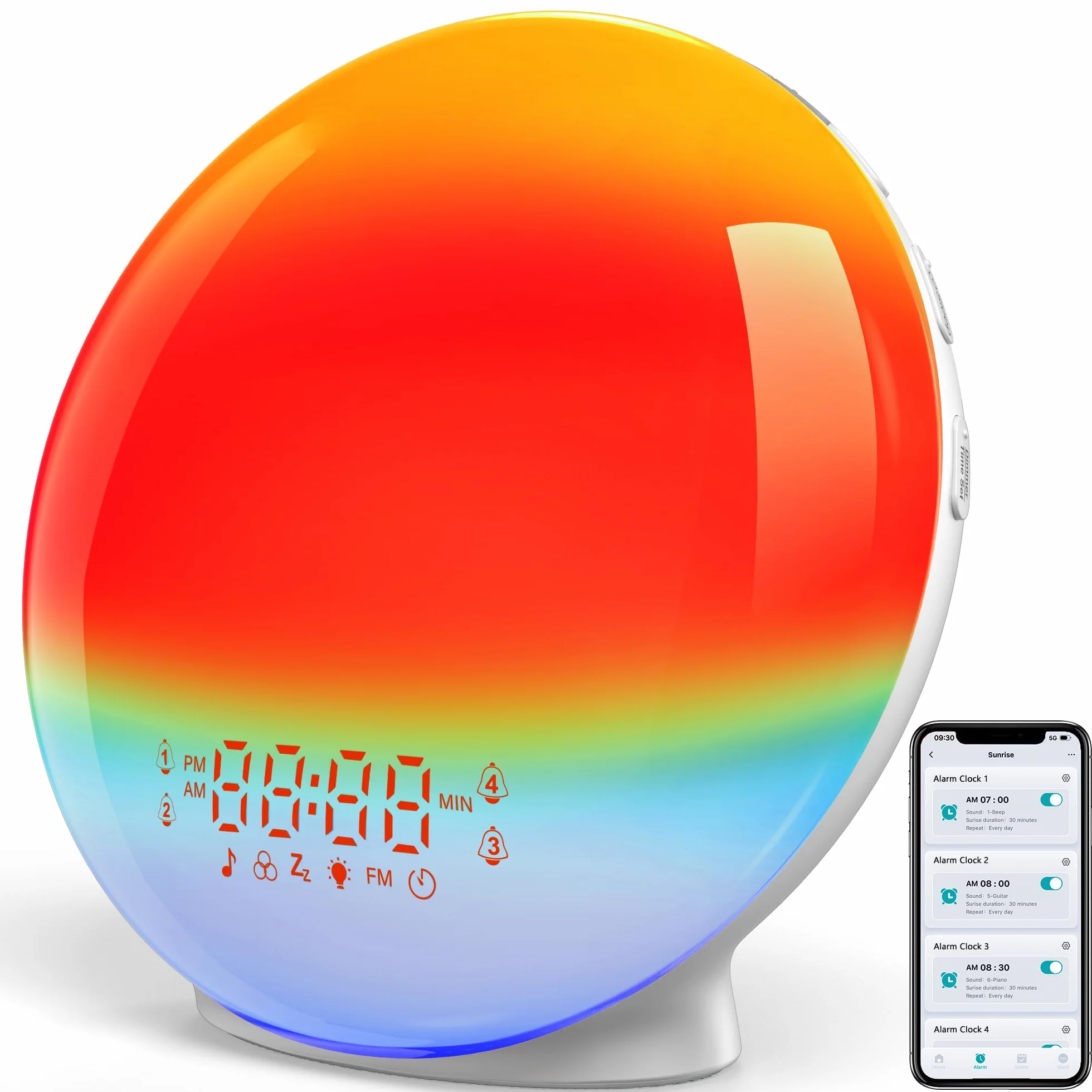 Réveil Lumineux Bluetooth APP, Radio Réveil Simulateur d'Aube et Crépuscule 20 Niveaux Luminosité 4 Réveils 7 Sons Naturels 11 Couleurs Veilleuse