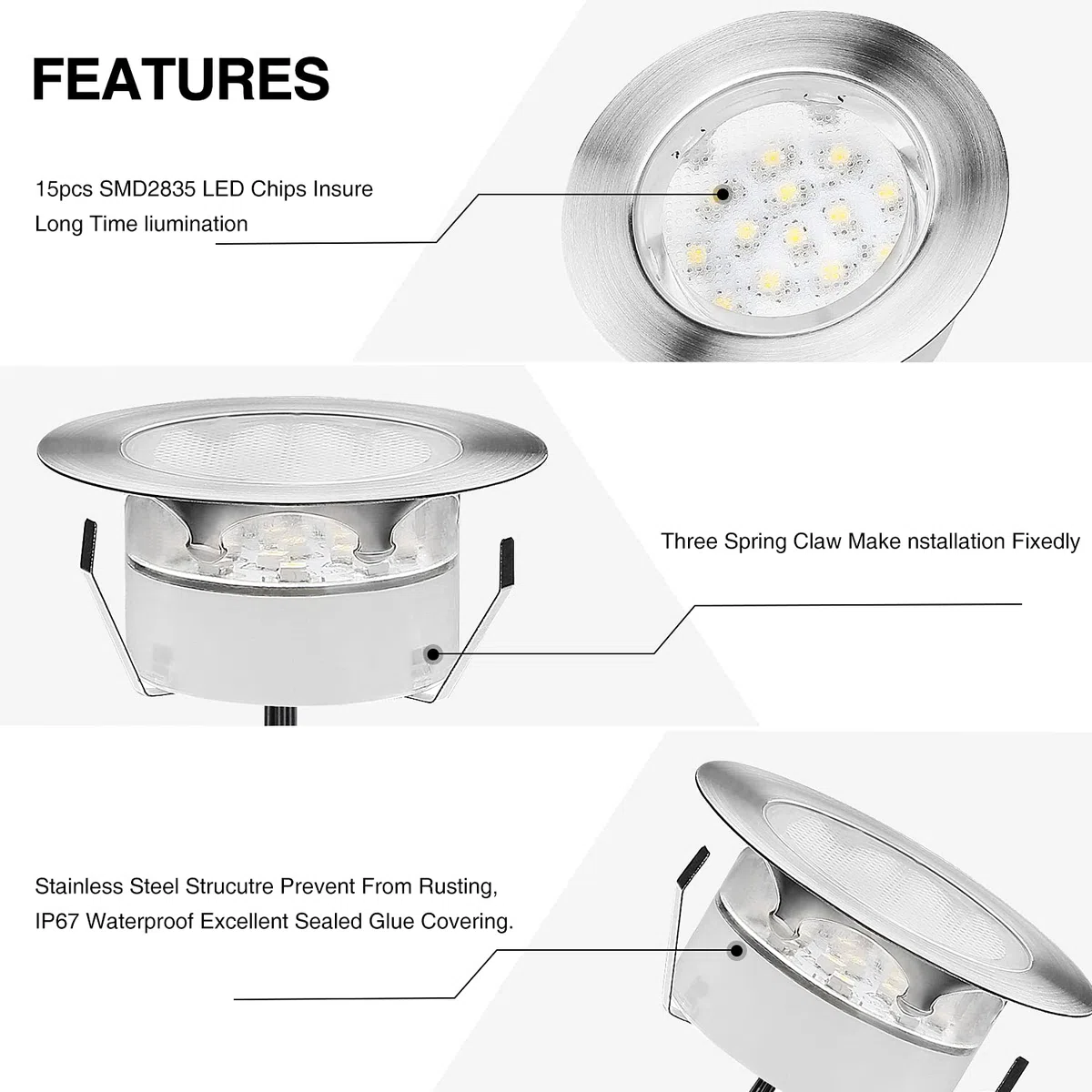 Spot Encastrable LED DC12V IP67 Etanche Ø60mm Acier Inoxydable Exterieur Jardin Couloir Blanc Chaud 10 Kit