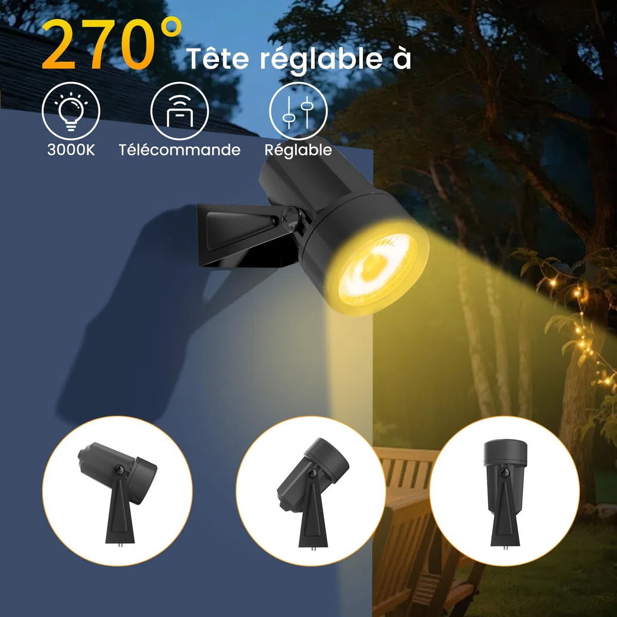 Projecteurs LED Extérieurs IP65 17M 3W*4 3000K Blanc Chaud avec Télécommande et Minuterie