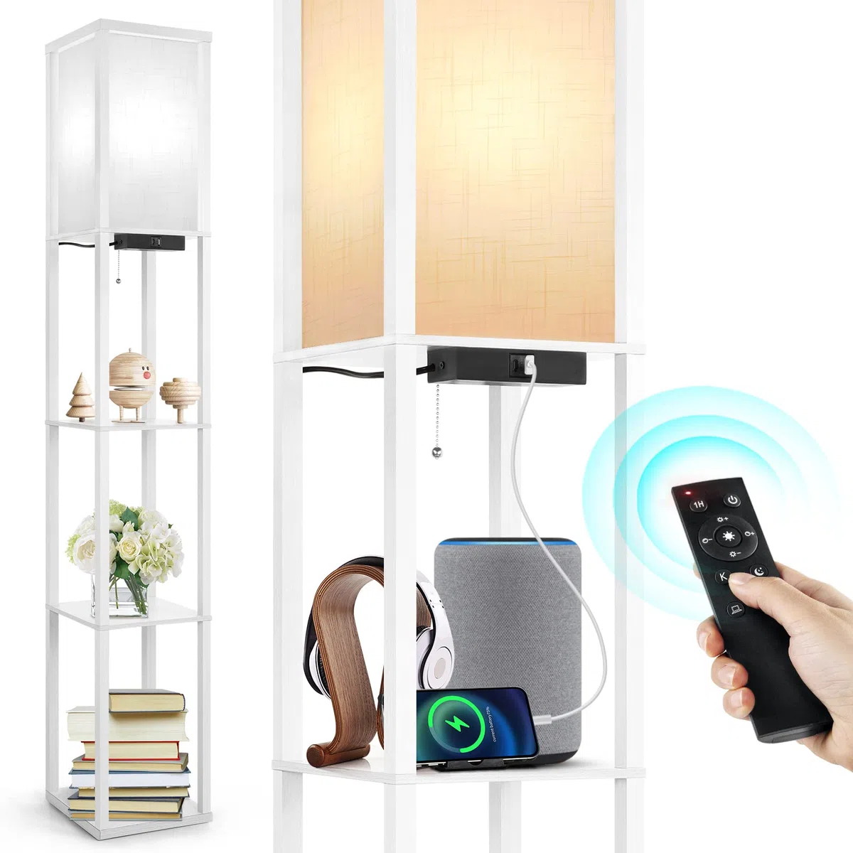 OUTON Lampadaire LED avec Étagères, Dimmable, Télécommande, 4 Températures, USB, Blanc