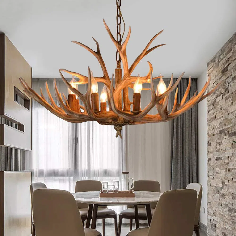 Lustre en bois de cerf en résine - Plafonnier décoratif - Lampe suspendue - Chandelier - Décoration intérieure rustique - Éclairage en bois de cerf - Corne de cerf - 6 têtes - 220V