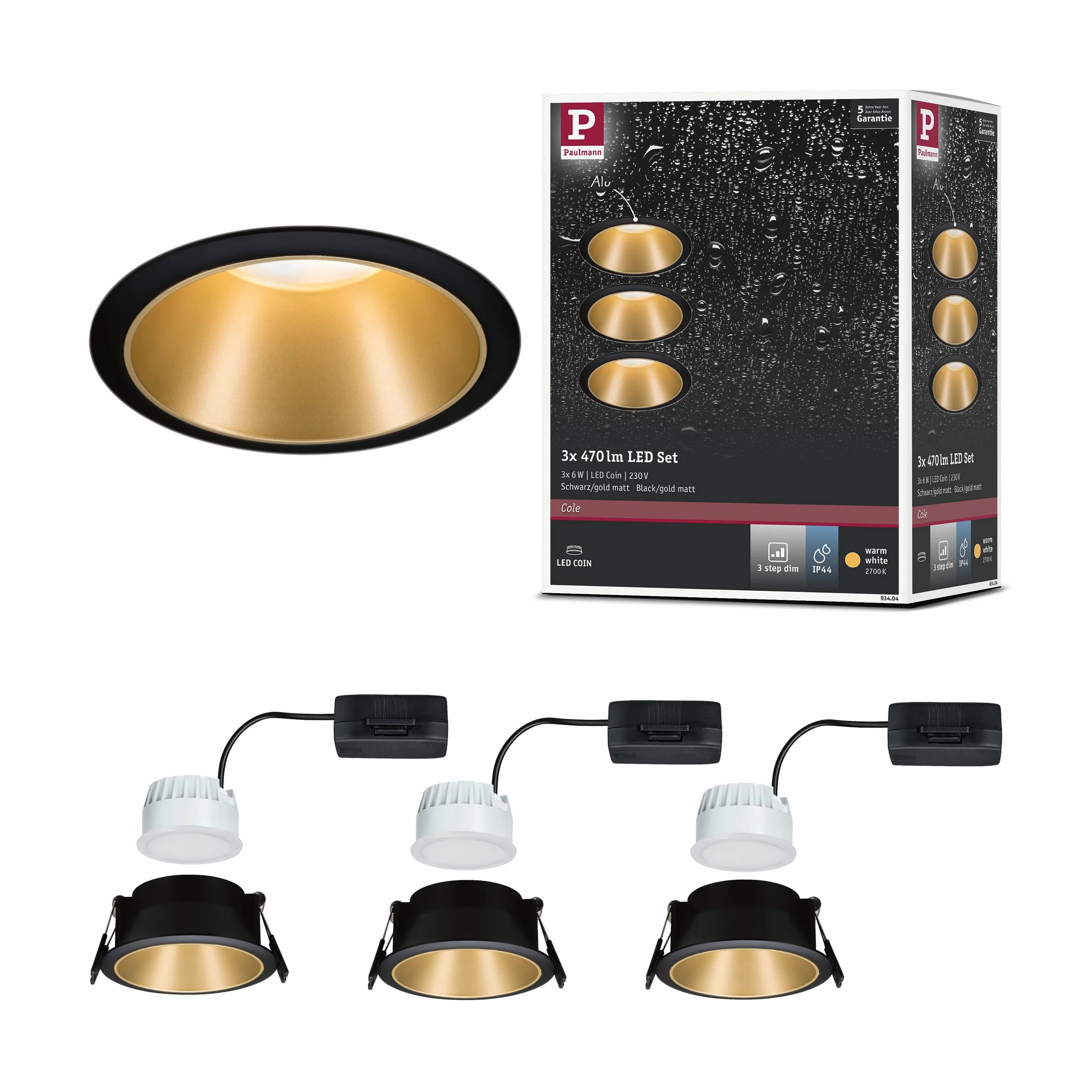 Paulmann 93404 LED Cole rond incl. 3x6 watts gradable projecteurs Noir, Doré mat Lampe encastrée plastique, Alu zinc spot pour plafond 2700 K, Matière, 19.5 W, 3er-Set