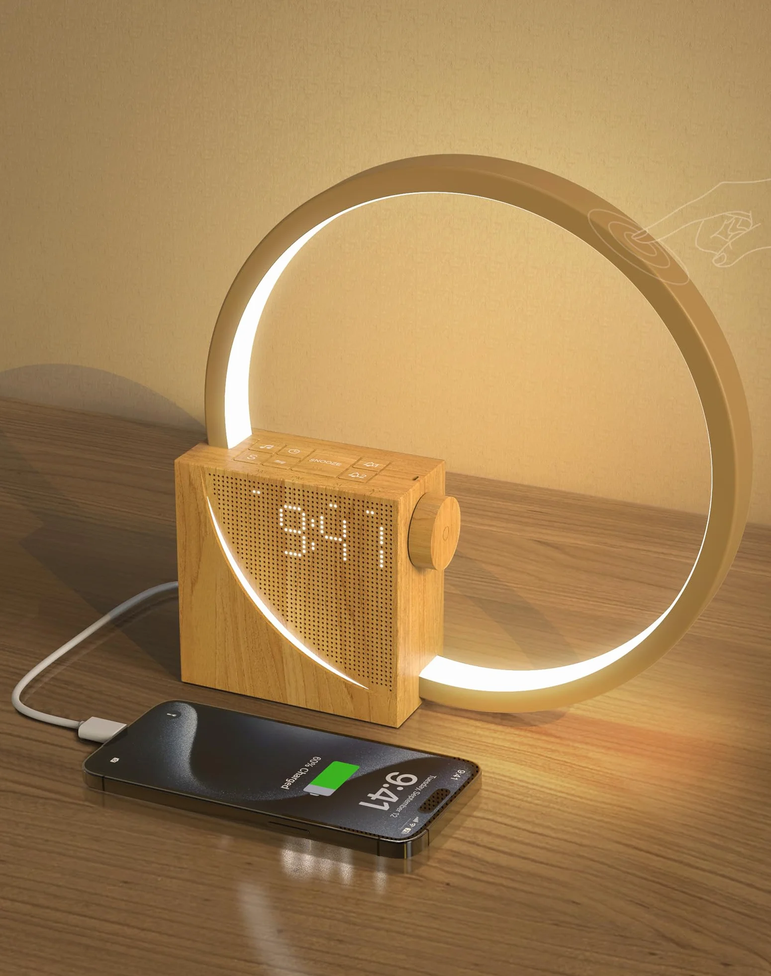 Lampe de Chevet LED avec Réveil, Wake up Light, USB, 3 Modes d'Éclairage, 10 Sons Naturels, Bois