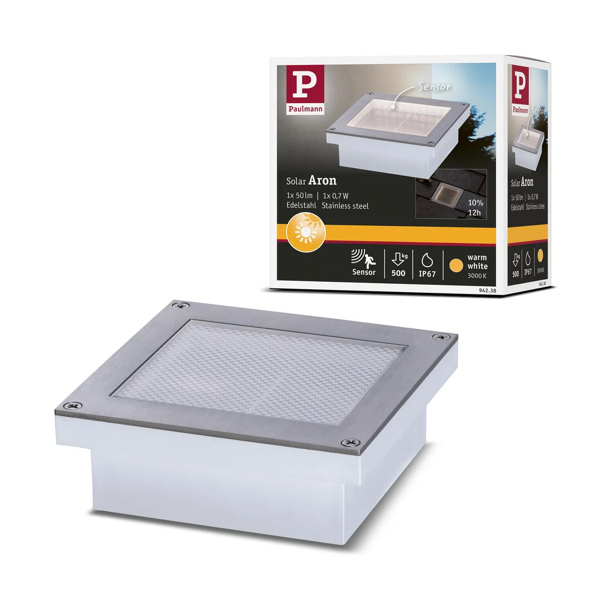 Paulmann 94238 Aron Spot solaire encastrable au sol LED carré avec 1 ampoule 0,7 W en acier inoxydable et plastique Blanc chaud 3000 K