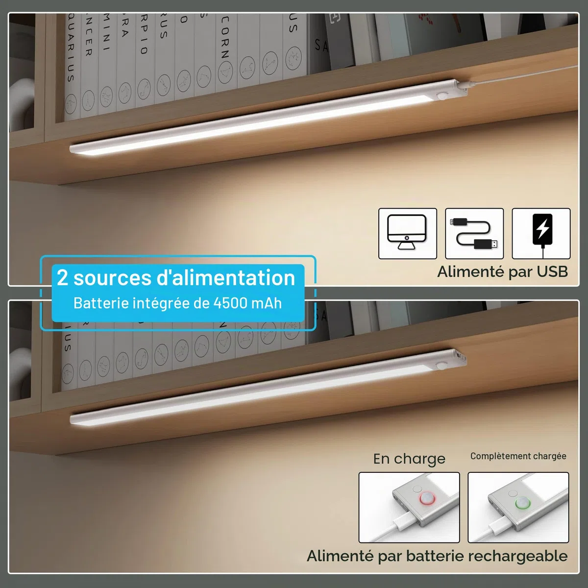 Led Lampe Dimmable de Placard 60cm, Applique Murale sans Fil avec Détecteur de Mouvement Interieur, Réglette Led Rechargeable sous Meuble Cuisine à 3 Modes d'Eclairage
