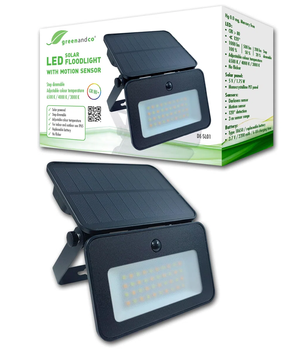 Projecteur solaire LED extérieur avec détecteur de mouvement 1000 lm IP65 6500/4000/3000 K