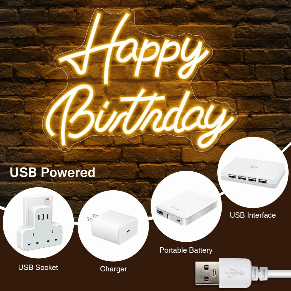 Happy Birthday Neon Sign, Lampe Néon LED Blanc Chaud Décoration de Fête d'Anniversaire, environ 42 x 32 cm