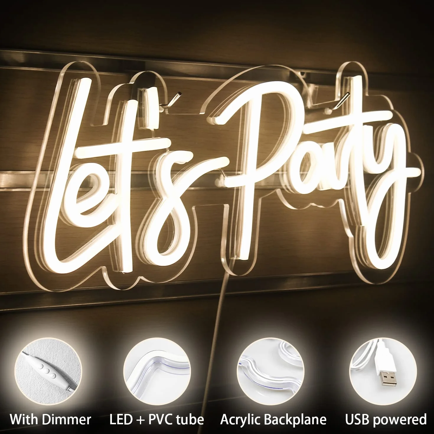 Lets Party Neon Sign Led Dimmable Décoration au néon pour fête anniversaire murale