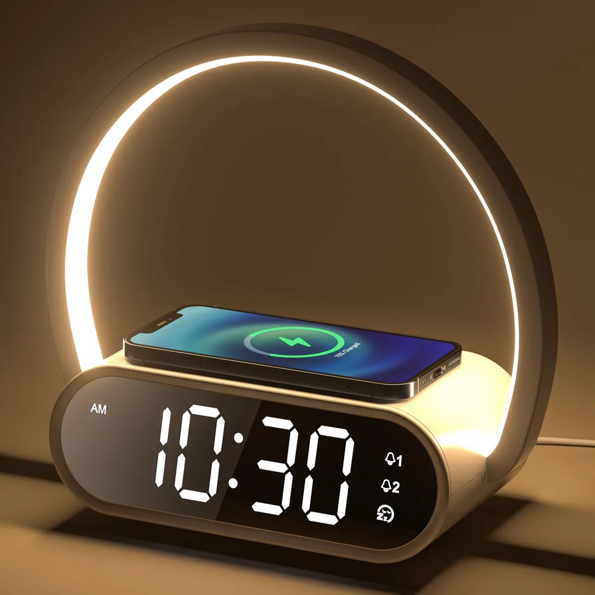 Lampe de Chevet Tactile 3 en 1 avec Chargeur Sans Fil 15W, Réveil Double, Luminosité Réglable LED