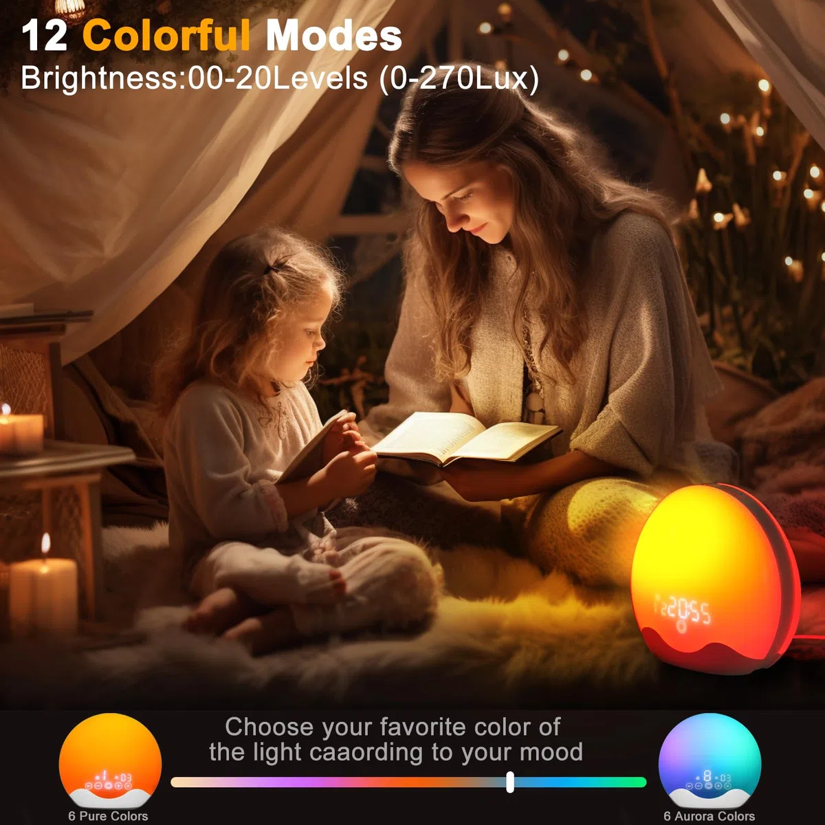 Lampes de Réveil, Réveil Lumineux Simulateur d'Aube avec Écran Tactile, 20 Niveaux de Luminosité, 12 Modes Couleur, Radio FM