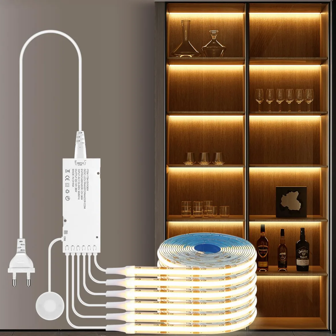 Lumière d'armoire - Bandeau LED COB 6-en-1 Dimmable à Contrôle Tactile Transparent pour Vitrine, Dressing, Cuisine, Cellier, Présentoir et Éclairage d'Étagère (lumière chaude, 1M)
