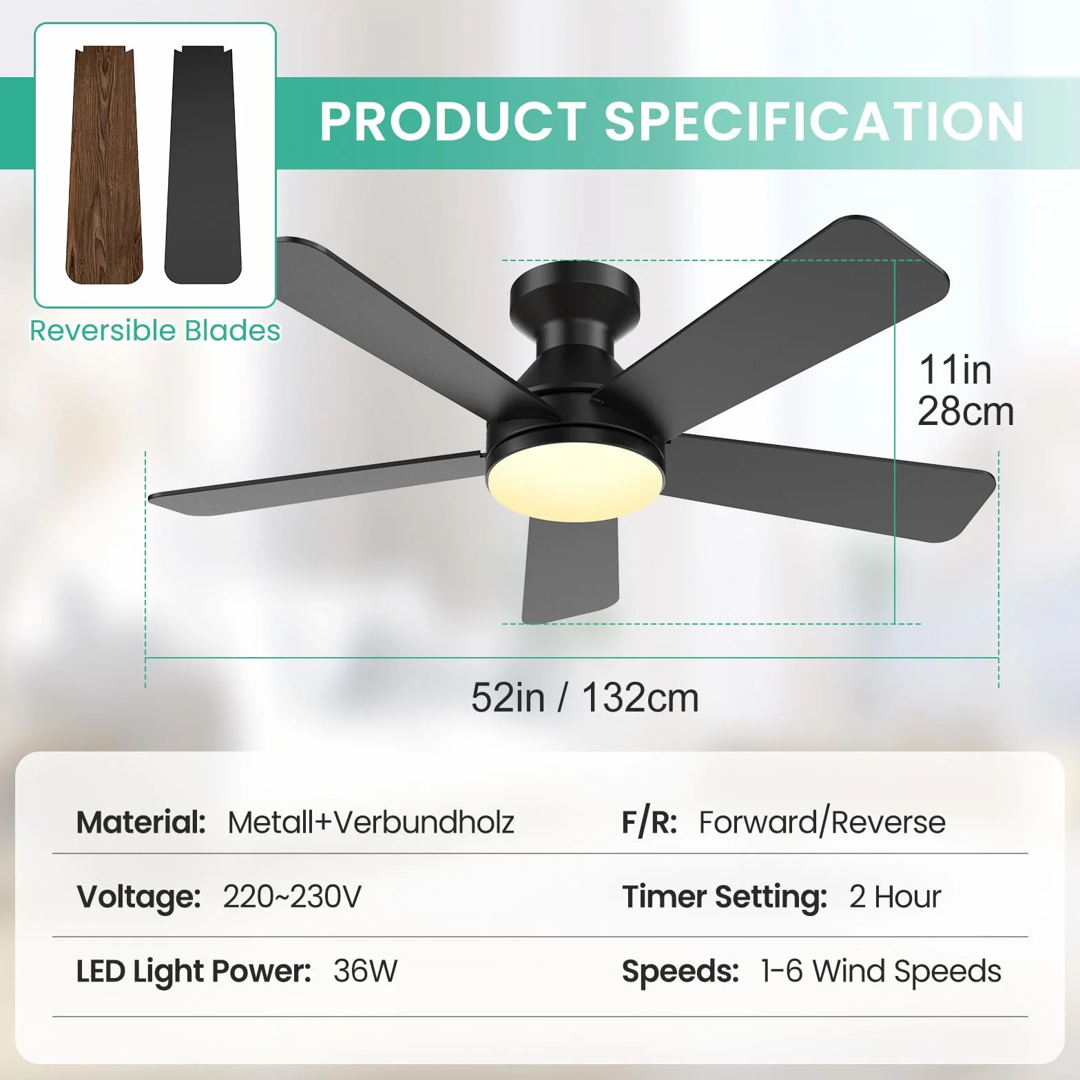 Ventilateur de Plafond avec Lumière et Télécommande, 132CM, 36W LED, 6 Vitesses, Réversible, Dimmable, Silencieux