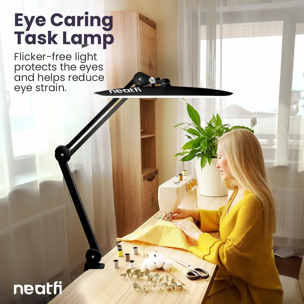 Neatfi XL Lampe de Bureau LED 24W 2200 Lumens Sans Ombre Variateur 4 Niveaux Tête Large 51 cm Noir