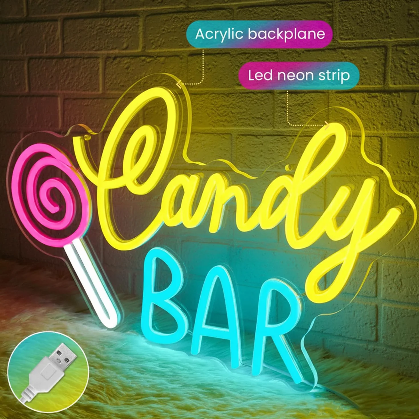 Enseigne au néon Candy Bar, enseigne néon sucette LED à intensité variable pour magasin de bonbons, cuisine, bar à desserts