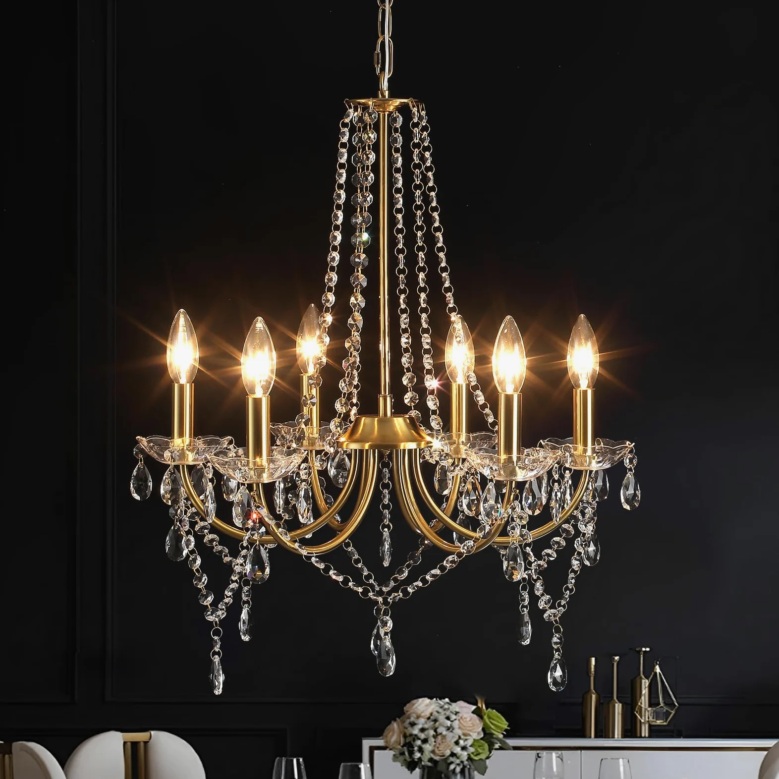 Lustre Cristal Chandelier Doré Lustre Salle à Manger Luminaires IntéRieur Convient Aux Salles à Manger, Salons, Couloirs Et Chambres à Coucher, L 51x H 58, Douille E14 (Ampoule Non Incluse)