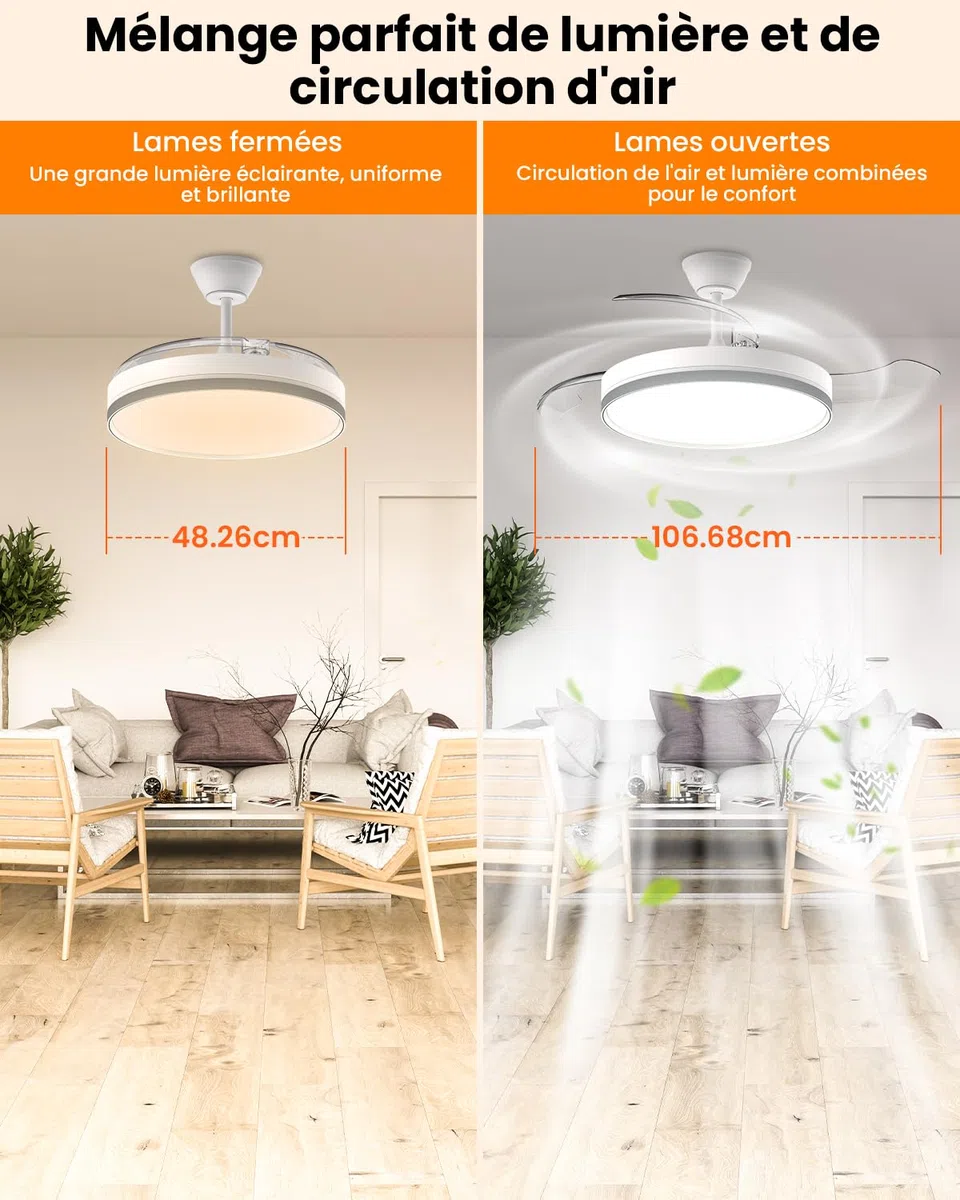 Airwit 106cm Rétractable Silencieux Ventilateur Plafond avec Lumière, 6 Vitesses, Télécommande, 3 Températures de Couleur