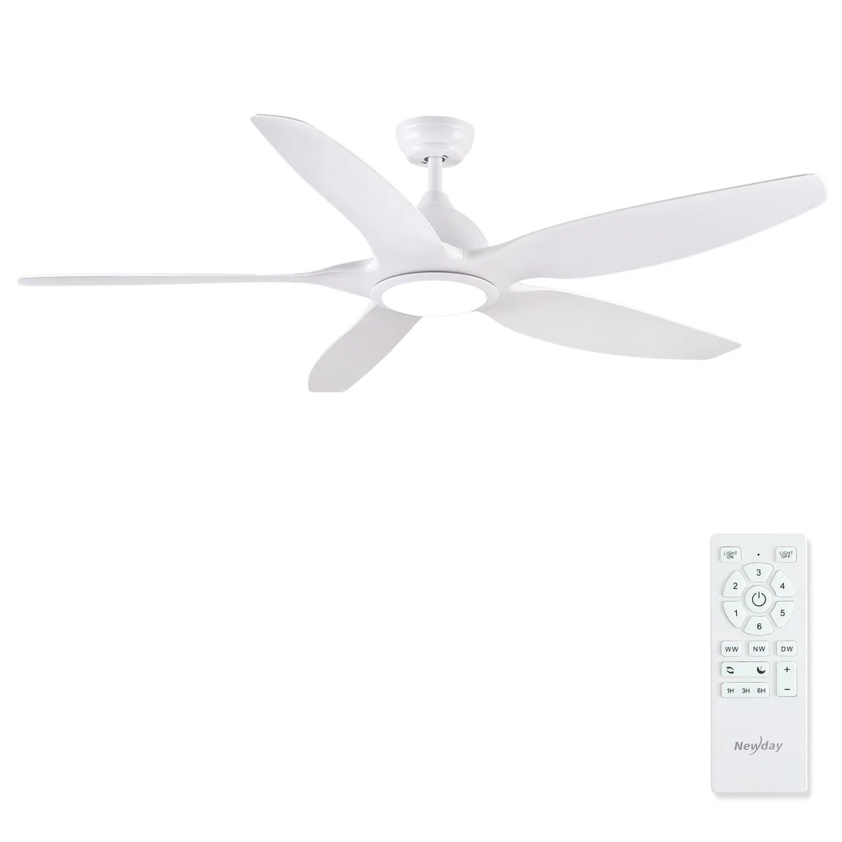 Newday Ventilateur de Plafond Blanc 153cm avec Lumiere et Télécommande Silencieux, Moteur DC Réversible, 5 Pale Minuterie Dimmer