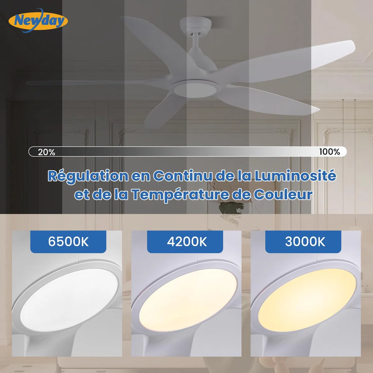 Newday Ventilateur de Plafond Blanc 153cm avec Lumiere et Télécommande Silencieux, Moteur DC Réversible, 5 Pale Minuterie Dimmer