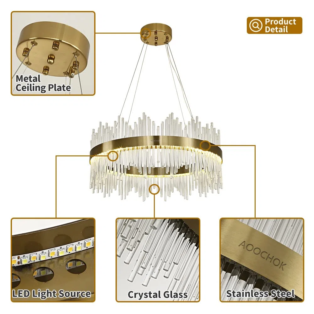 Chandelier en cristal d’or moderne pendentif Light, Dimmable lampe ronde en cristal de luxe, pour le salon, la salle à manger, la chambre, le Restaurant, Ø60 cm
