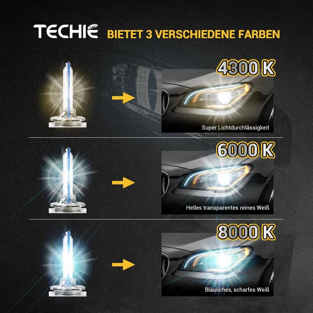 Techie D3S D3S-8000 K Lot de 2 ampoules xénon pour phare de voiture 8000 K, 12 V 35 W, en aluminium bleu froid, kit de rechange HID