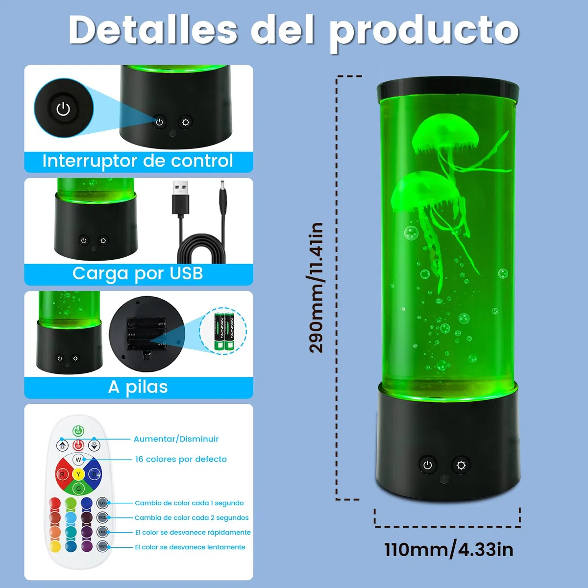Klarlight Lampe à méduses, lampe à méduses de 29 cm avec 16 couleurs changeantes et 4 modes pour enfants et adultes, télécommande USB/lampe à lave à méduses alimentée par piles