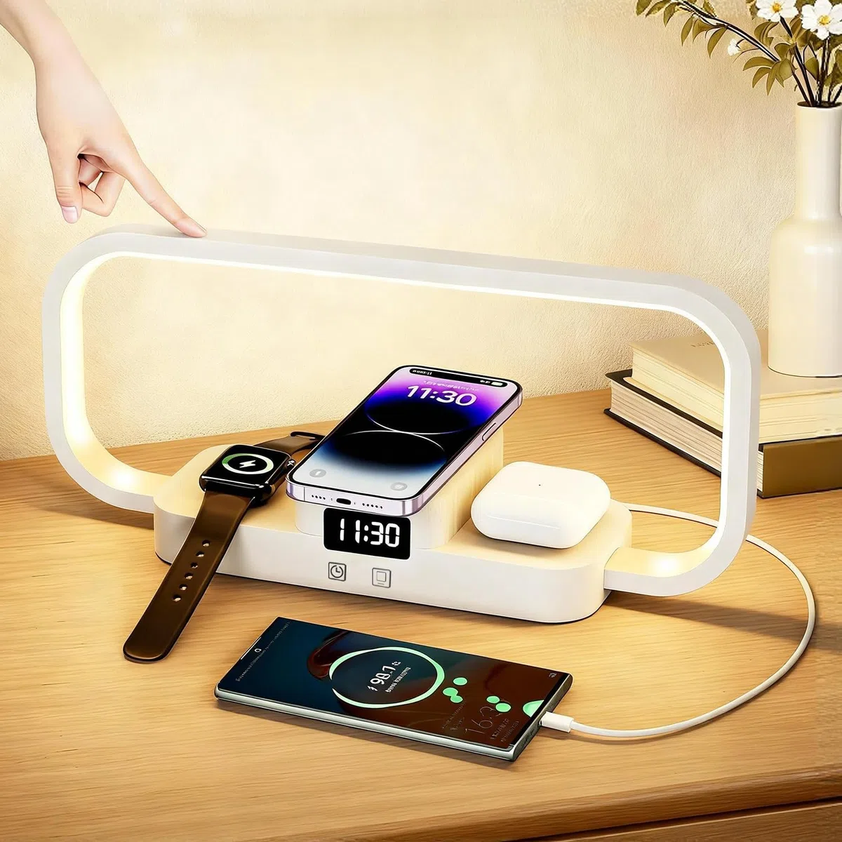 KZT Lampe de Chevet Chargeur sans Fil 4 en 1 avec Port USB LED Horloge, Blanc