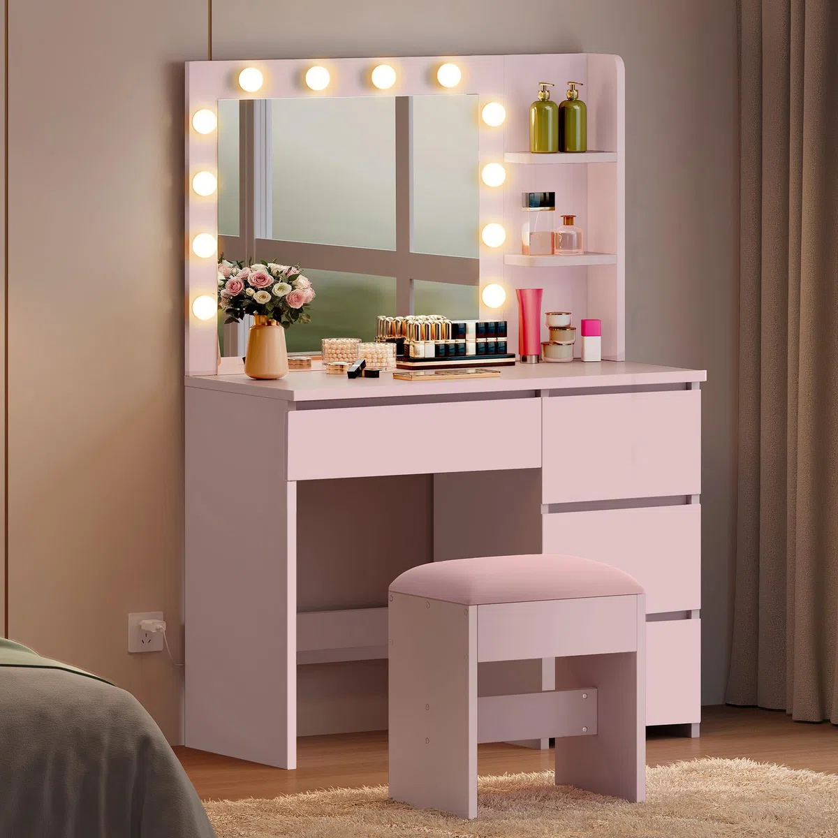 YITAHOME Schminktisch mit Beleuchtung, Dressing Table mit Spiegel, Hocker, 3 Farben, einstellbare Helligkeit, 4 Schubladen, Offene Fächer, Vanity Table Rosa