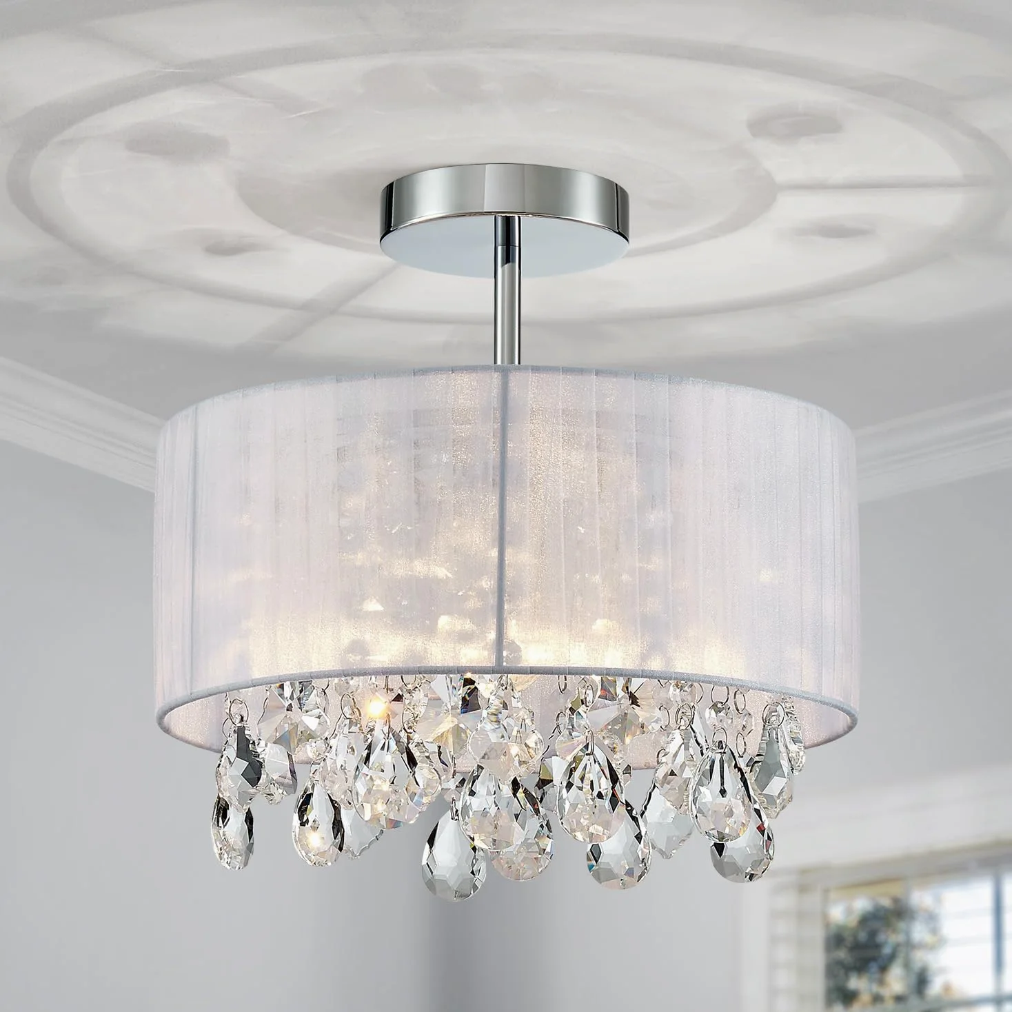 SHRINE Lighting Lustre en cristal blanc, design moderne, plafonnier pour espace de vie, D33 x H35 cm, douille E27*1, abat-jour en tissu blanc & finition chromée