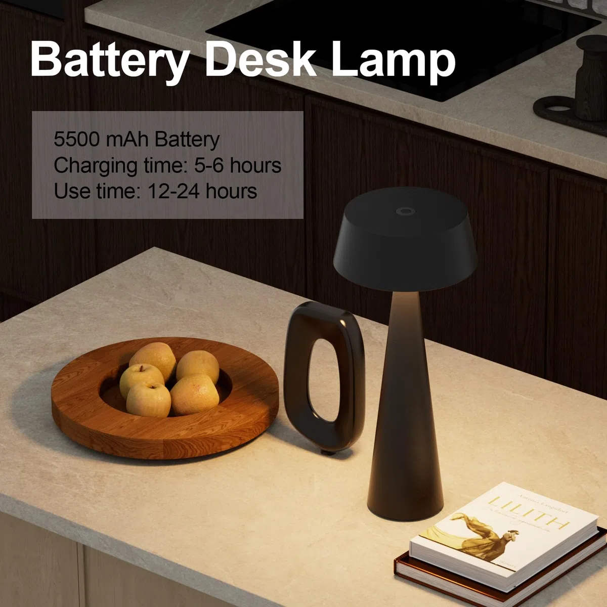 Lampe de table LED sans fil avec batterie, intensité variable 3000K-6000K, rechargeable IP54, Noir