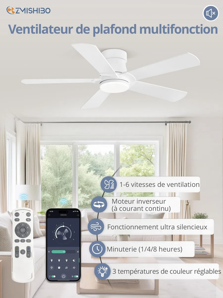 ZMISHIBO Ventilateur de Plafond avec Lumière LED Ø 107 cm, Moteur DC Silencieux, Contrôle par APP et Télécommande, 6 Vitesses, Dimmable