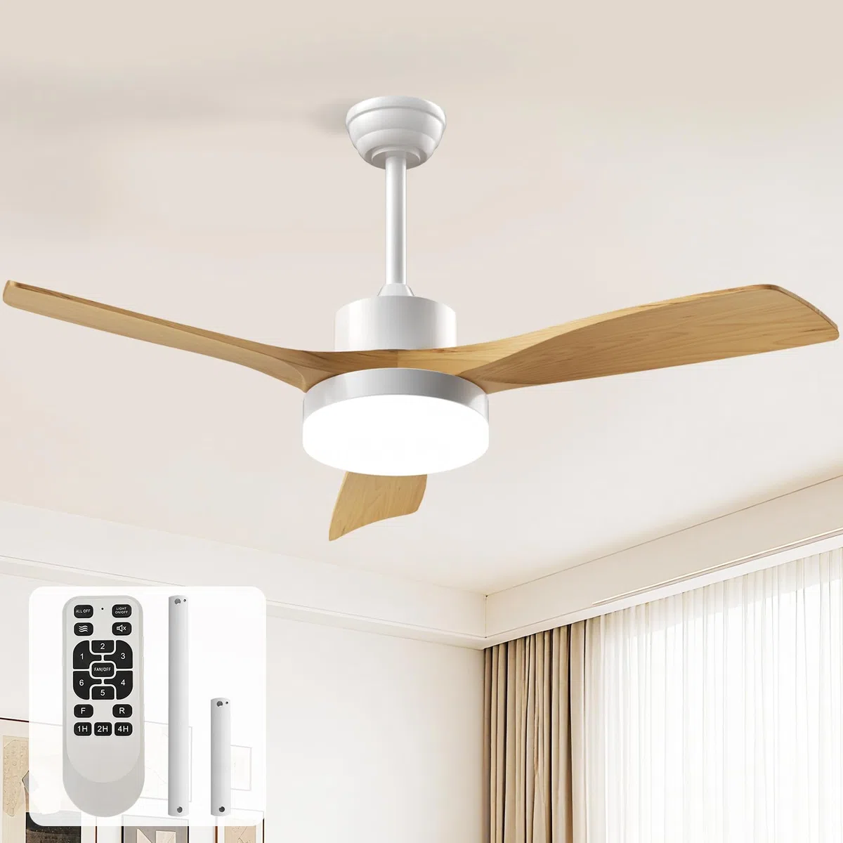 EppieBasic Ventilateur de Plafond avec Lumière LED 3000LM 132cm Moteur DC Silencieux Télécommande 6 Vitesses 3 Pales Bois Design Moderne