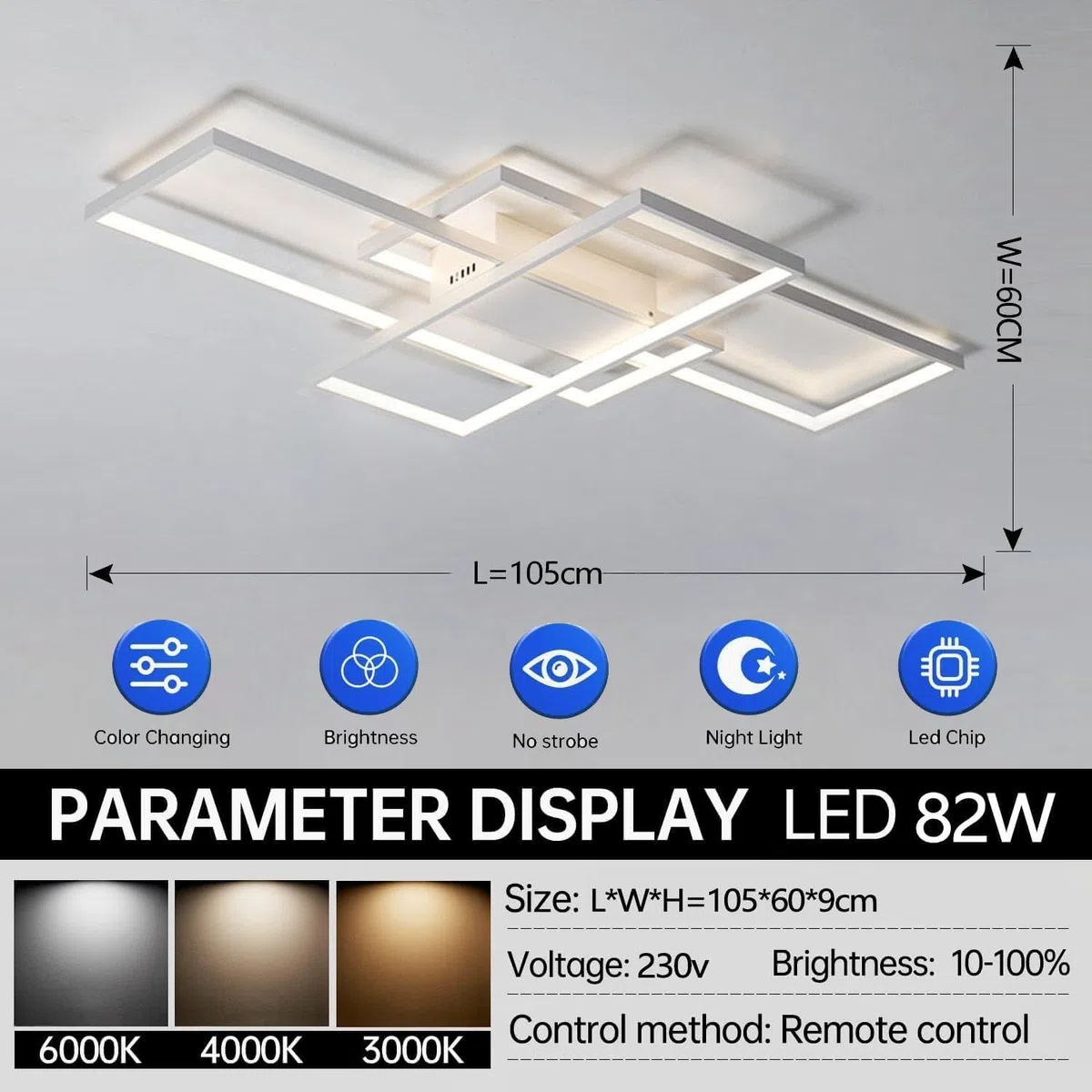 Luminaire Salon 60W 6000LM, Lustre Moderne Salon Dimmable, 3000K-6000K, Lampe de Plafond pour Chambre, Cuisine, 105cm, Blanc