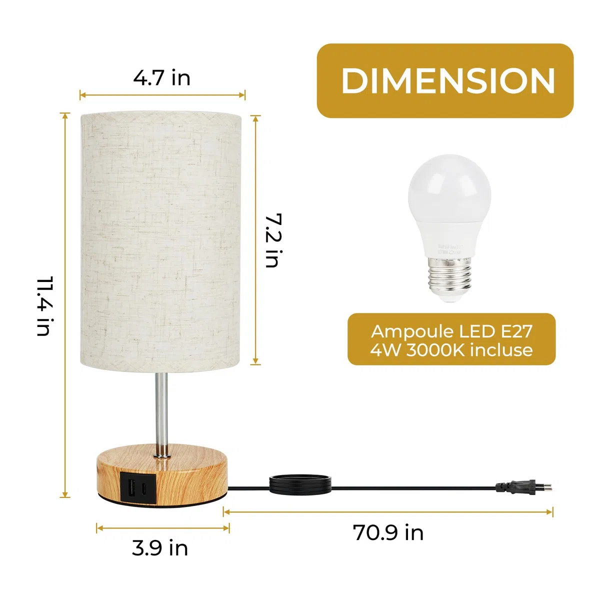 Suright Lampe de Chevet Tactile Lot de 2 avec Ports de Charge USB-A + USB-C, Intensité Variable 3 Voies, Abat-jour en Tissu de Lin, Petite Lampes de Table pour Chambrer Salon Hôtel (Ampoule Incluse)