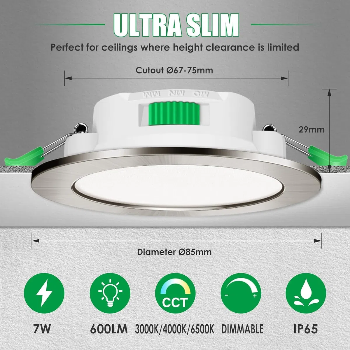 ALUSSO Lot de 6 Spot LED Encastrable 68mm 7W Dimmable AC 220-240V 3000K 4000K 6500K IP65 Réglable Plafonnier Encastré Nickel