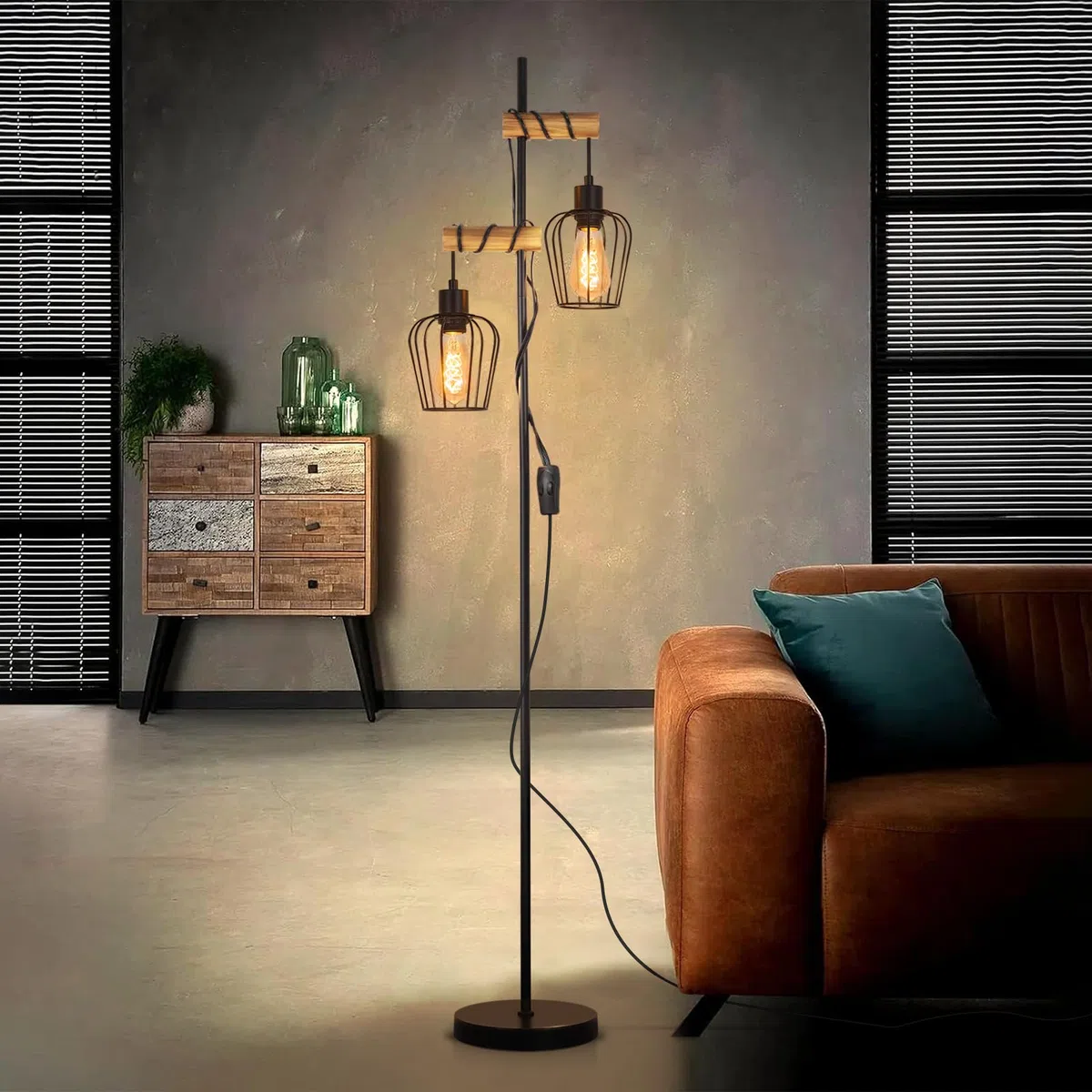 Lampadaire Vintage Industriel Bois et Métal pour Salon Chambre