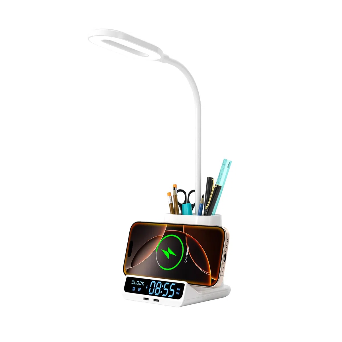5-en-1 Lampe de Bureau LED Intensité Variable avec Horloge, Réveil, Porte-Stylo et Fonction de Recharge, 3 Couleurs de Lumière,Lampe d'étude, Lampe de Chevet, Lampe de Lecture Veilleuse