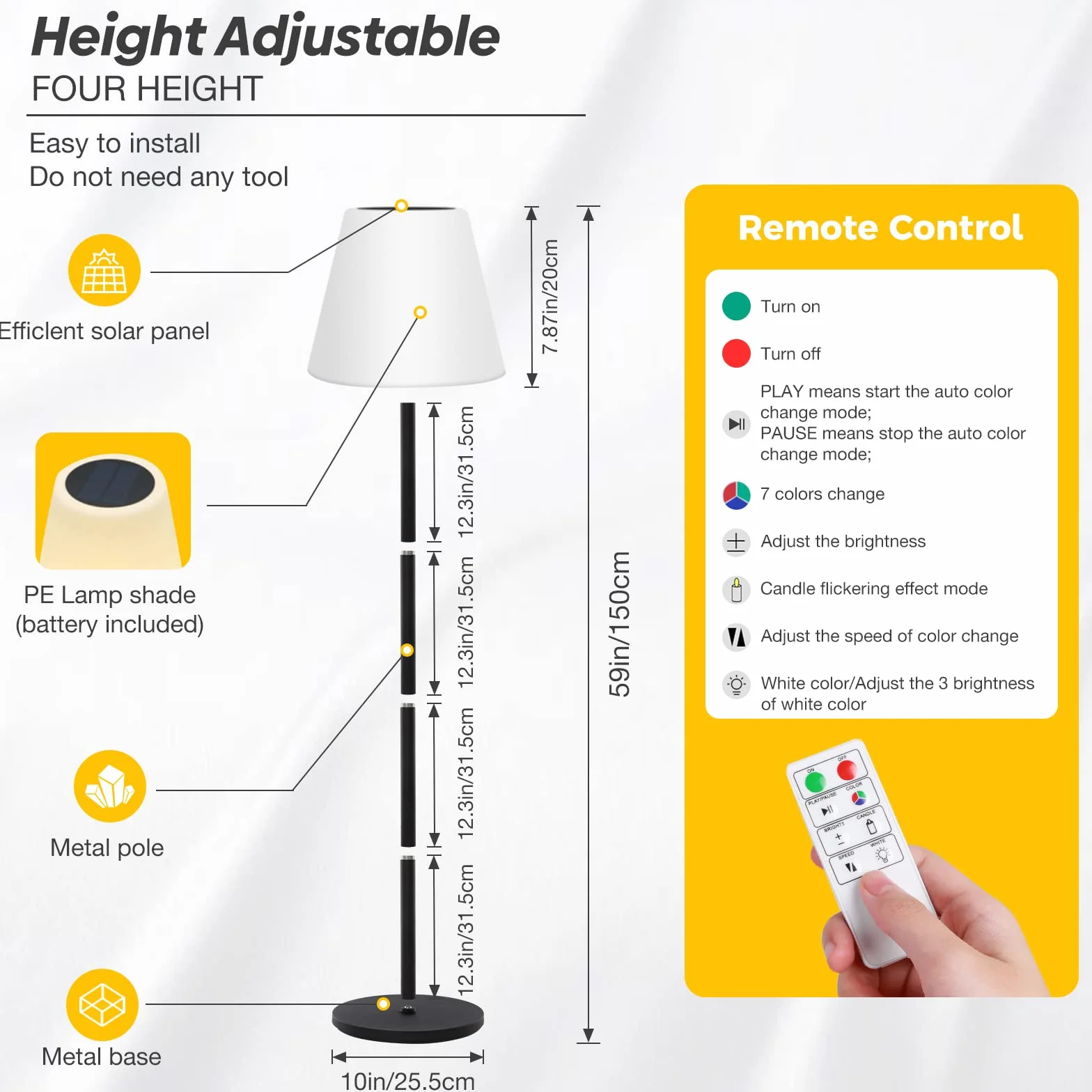 Lampadaire solaire intérieur extérieur étanche sans fil rechargeable capteur lumière LED luminosité variable jardin terrasse