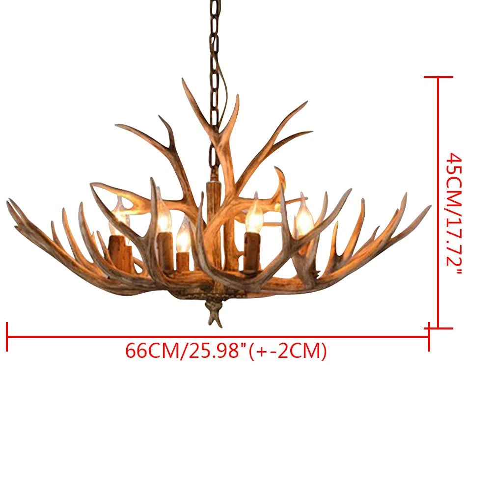 Lustre en bois de cerf en résine - Plafonnier décoratif - Lampe suspendue - Chandelier - Décoration intérieure rustique - Éclairage en bois de cerf - Corne de cerf - 6 têtes - 220V