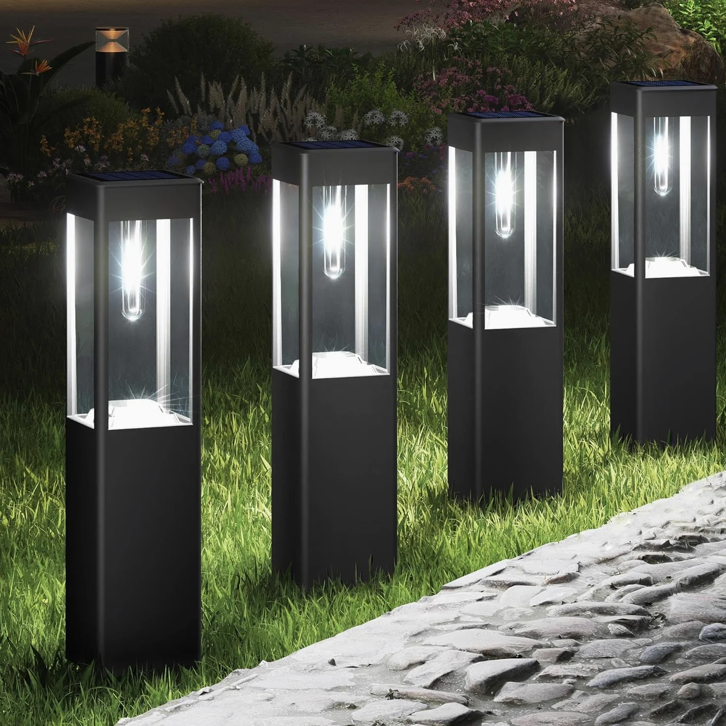 Joomer Lampe Solaire Exterieur Jardin Carré Lot de 4 Blanc Étanche Borne Solaire Exterieur Interrupteur Automatique