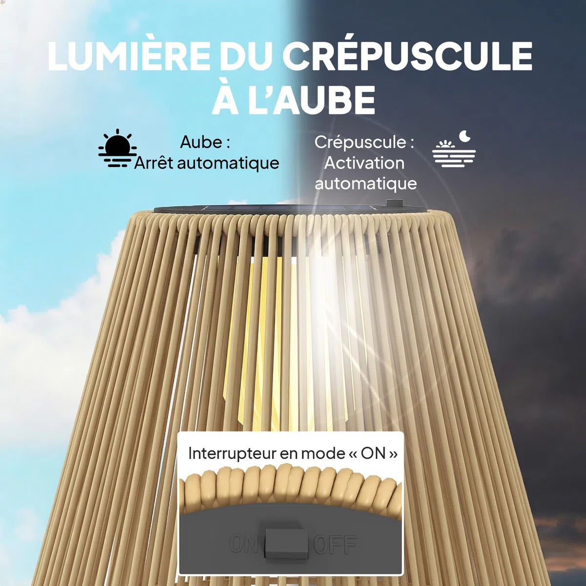 Outsunny Lanterne Solaire Extérieure en résine tressée lampadaire LED rechargeable avec capteur de lumière pour jardin patio terrasse jaune