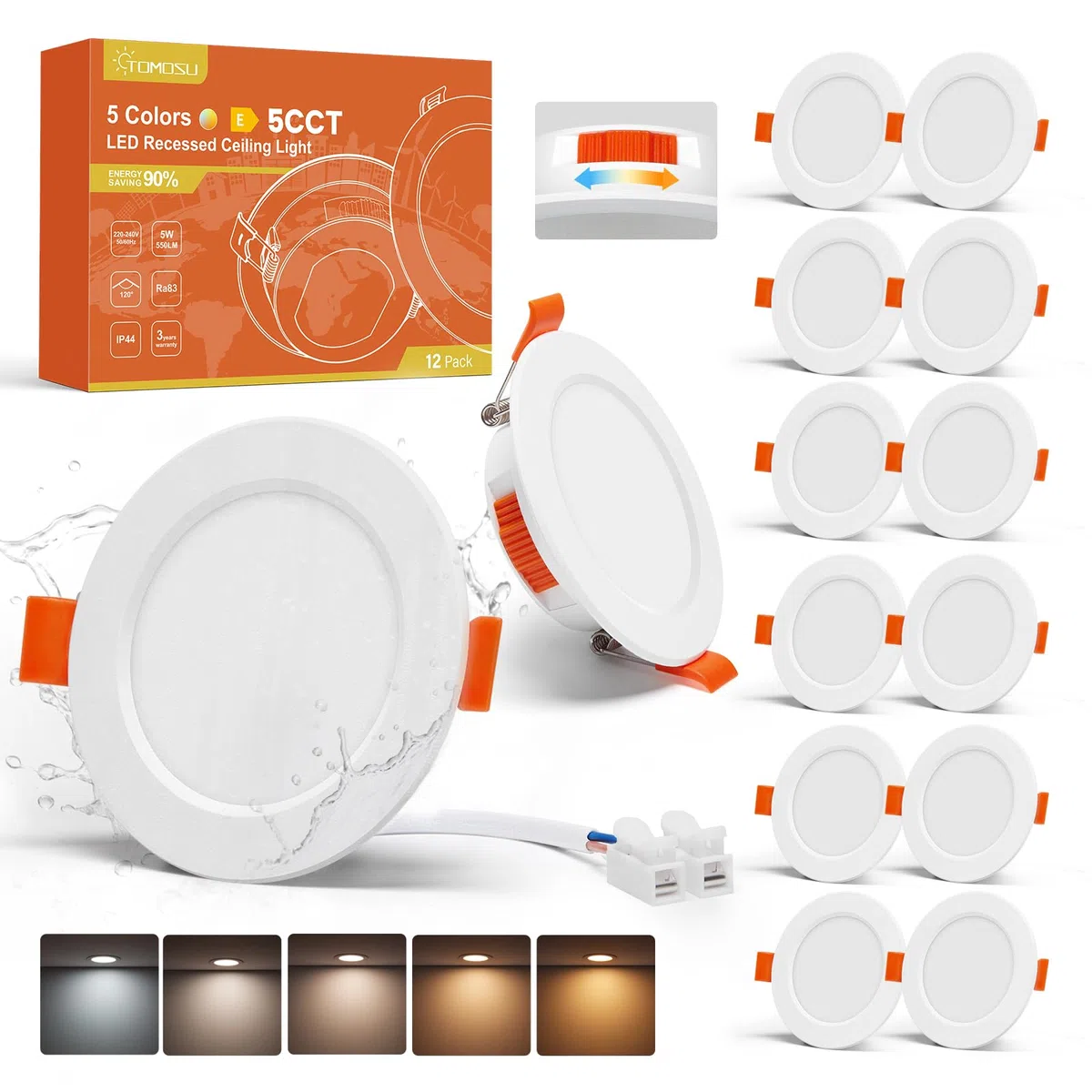 Tomosu Lot de 12 5CCT Spot Led Encastrable 68mm, 5W 550LM Spot Extra Plat IP44 Spots Encastrés Salle de Bain, 220V Spots de Plafond Blanc Chaud Blanc Neutre Blanc Froid, Trou Ø68-80mm, Non Dimmable