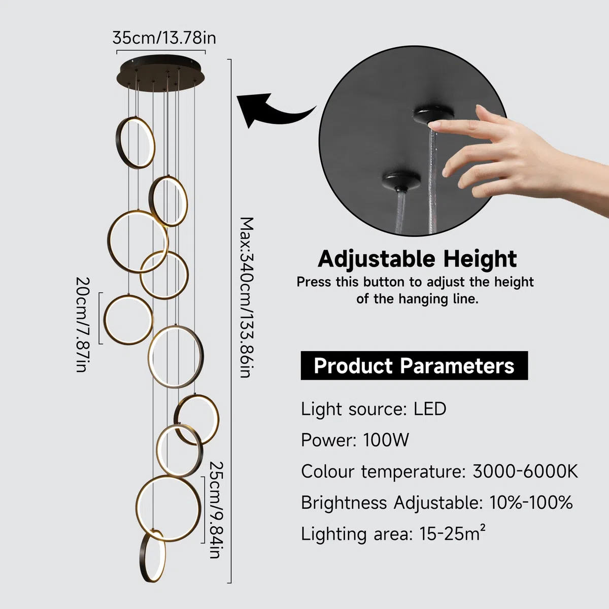 Qcyuui Lustre Moderne pour Escalier Plafonnier à Hauteur Réglable Lustre Suspendu Haut de Gamme & Luminaire pour Loft Adapté aux Espaces Grands, Parfait pour Cages d'Escalier, Salons et Villas