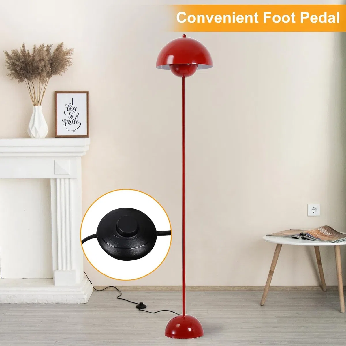Lampadaire en Acier Style Scandinave Rétro avec Abat-jour Bombé, Douille E27, Interrupteur au Pied, Rouge